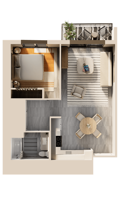 Floor plan for 1 bed, 1 bath, 667 sqft
